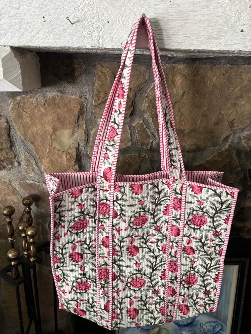 Quilted Floral Tote Bag in Pink and White